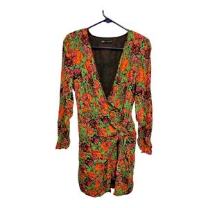 Zara floral print faux wrap long sleeve mini dress, size M